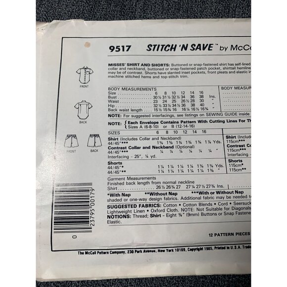 McCall's Misses Shirt Shorts Sewing Pattern sz 6-10 9517 - uncut - Picture 5 of 9